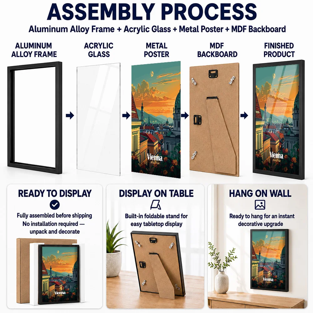 Vienna Cityscape Sunset Metal Poster With Aluminum Alloy Frame Personalized Photo Modern Getaway Style Wall Art For Guest Room