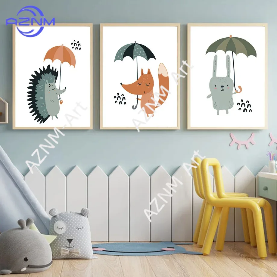 Nordic Watercolor Canvas Painting Cartoon Animals Fox Rainbow Weather 1Pc/3Pcs Set for Children's Bedroom Fresh Art Decor