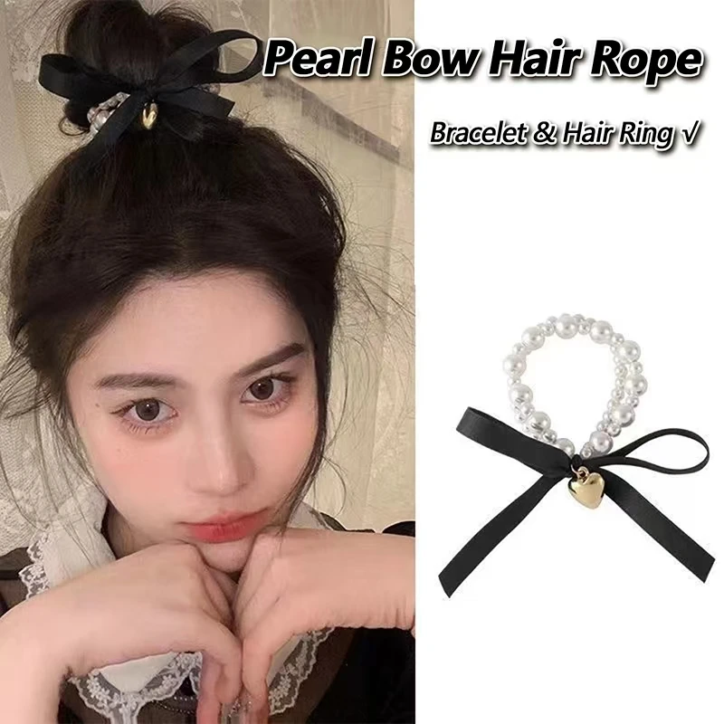 

Korean Fashion Bow Pearls Pendant Hair Ties Bracelet For Women Girls Sweet French Trendy Ponytail Hair Band Hair Accessories