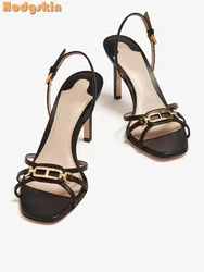 Metal Decor Stiletto Sandals Black Square Toe Buckle Straps Thin Heeled Sexy Fashion Chain Dress Shoes 2025 Women New Spring