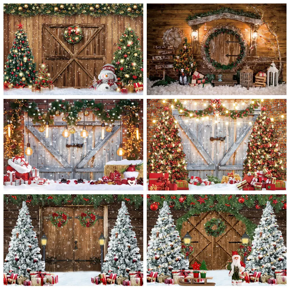 

Christmas Photography Backdrop Xmas Tree Snowflake Gift Wood Barn Door Winter Family Party Baby Portrait Background Photo Studio