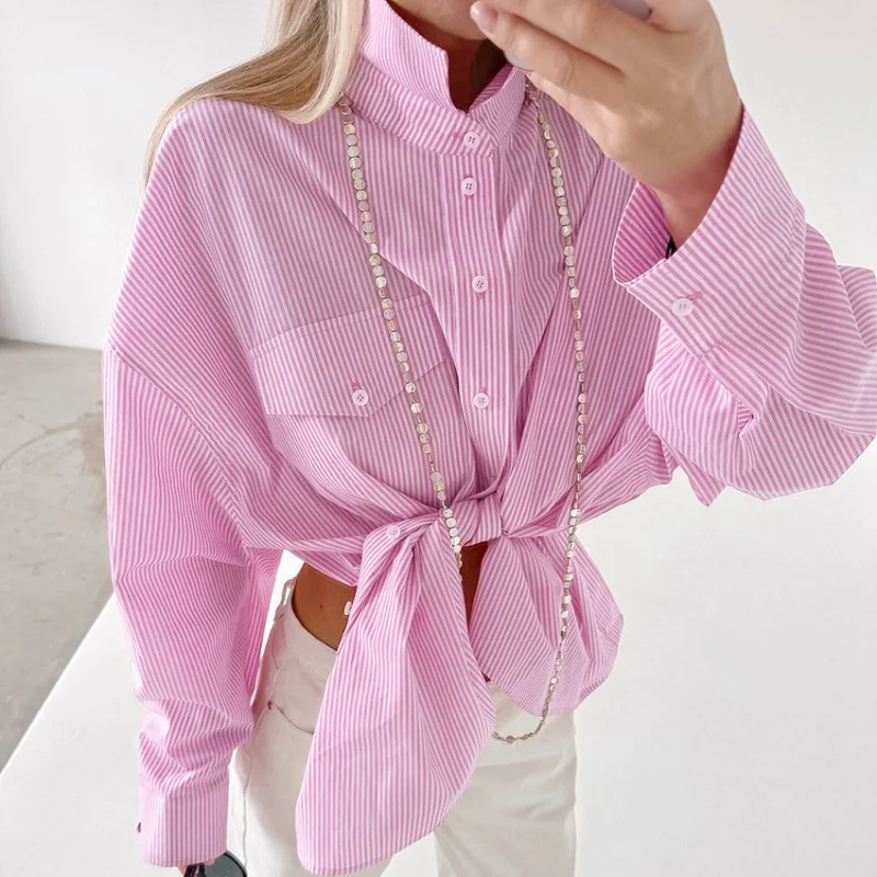 

Fashion Versatile Striped Pink Casual Shirt Summer Autumn New Loose Niche European and American Style Top Women