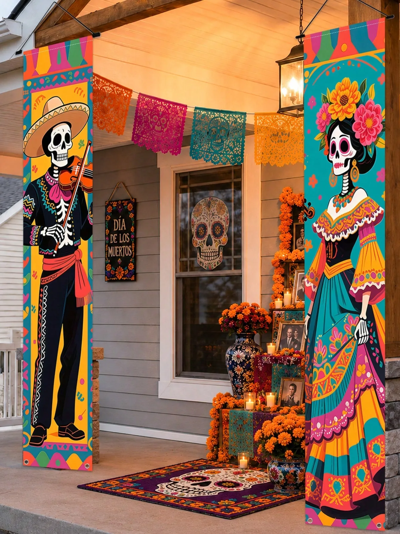 Tag der Toten Veranda-Banner-Set: Mariachi-Mann, Catrina, Zucker-Schädel Vertikale Hängeflaggen für Mexikanische Halloween-Party Frontdekoration – Detail 1
