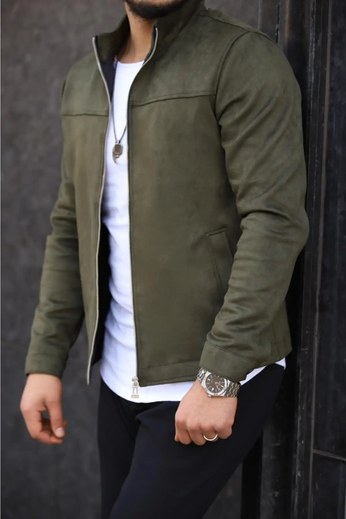 Male Khaki Green Suede Jacket