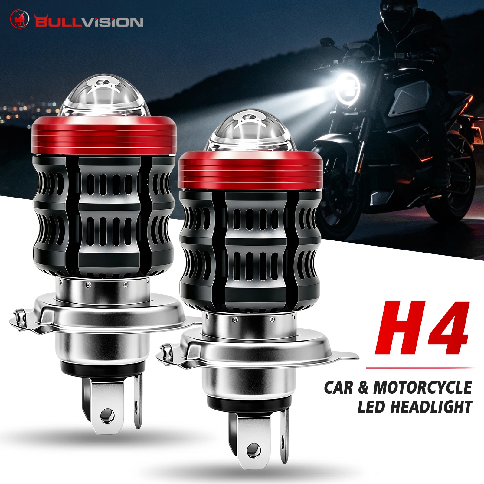 Bullvision H4 LED Motorcycle Headlight 6500K White White Bulb Projector Lens High Low Beam Lamp Universal Motorbike Lamp Scooter