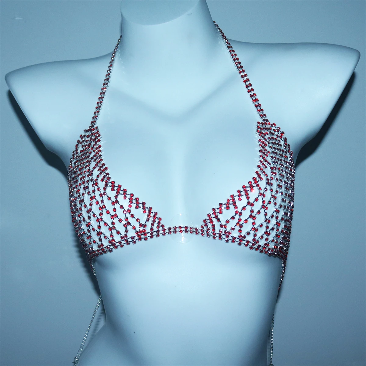 Conjunto de dos piezas de cadena de cuerpo Sexy de cristal brillante rojo de lujo, Sujetador de Bikini de fiesta en club nocturno, joyería para el cuerpo para mujer