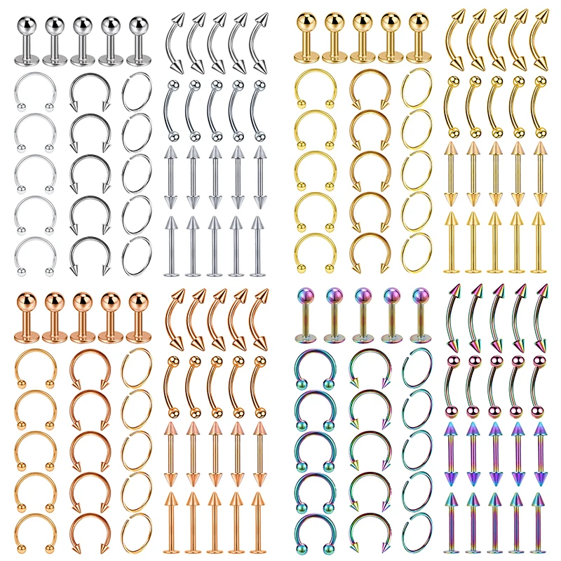 40PCS Surgical Steel Body Piercing Jewelry Lot Bulk Nose Ring Tongue Bar Lot Eyebrow Labret Piercing Set Horseshoe Ring Lot Pack