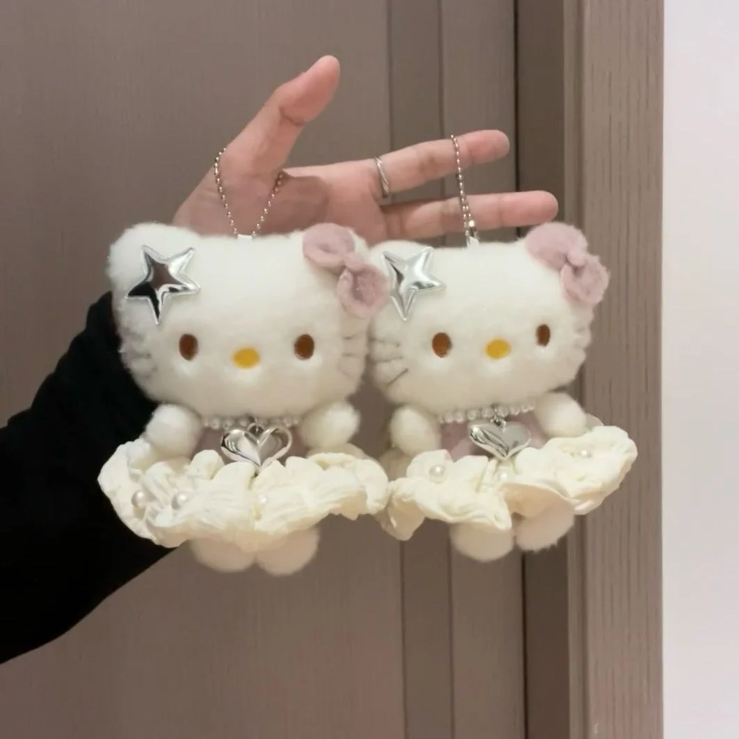 Kawaii Sanrio Hello Kitty Keychain Pendant Cartoon Plush Toys Princess Lace Dress KT Cat Stuffed Plushies Key Ring Plush Pendant