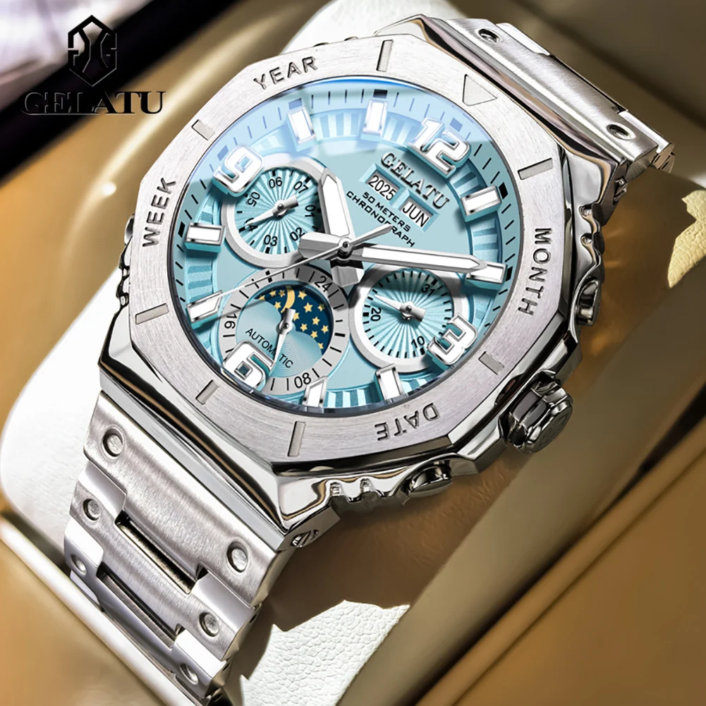 GELATU 6030 Automatic Mechanical Men's Watch Multi functional Date High end Wristwatches Stainless steel Waterproof Watches