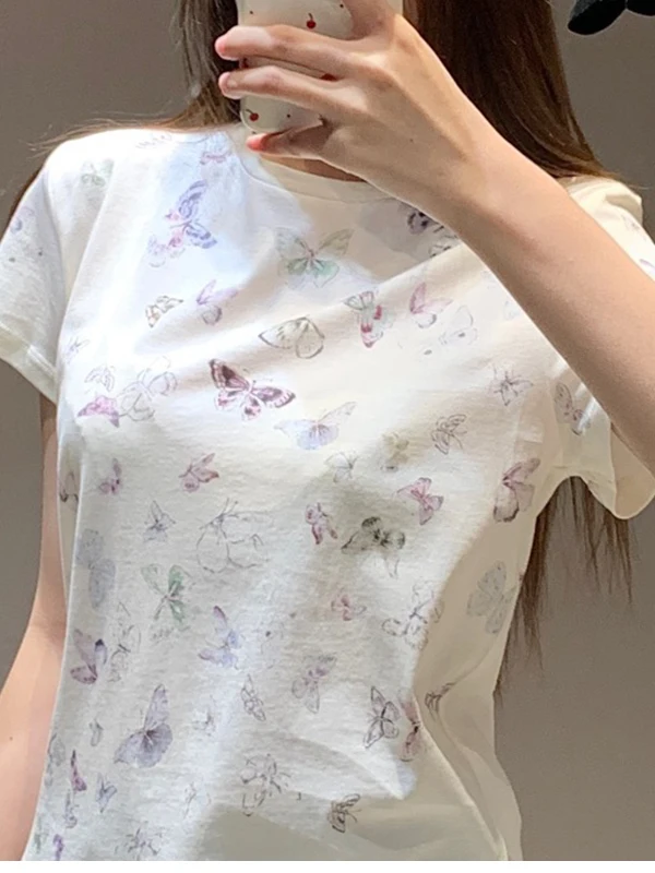 

Spring 2026 Print round Ne ort Sve Pure Cotton Casual Thin Loose f Sve T-irt Women's Breathable Casu...
