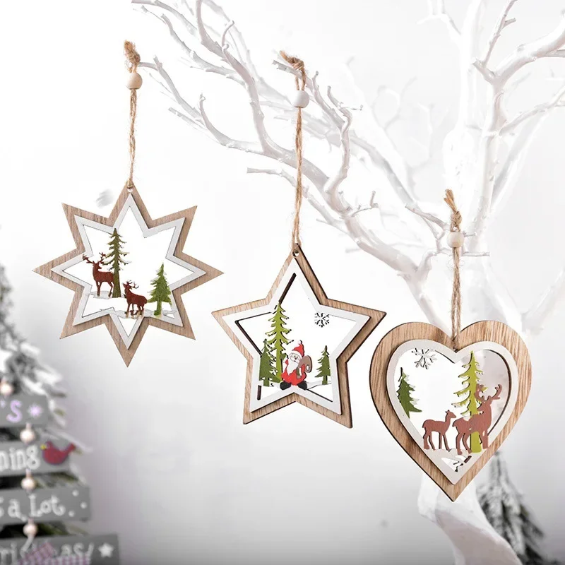 Christmas Decorations Wooden Hollow Christmas Tree Pendant Wooden Double layered Five pointed Star Pendant Christmas Series