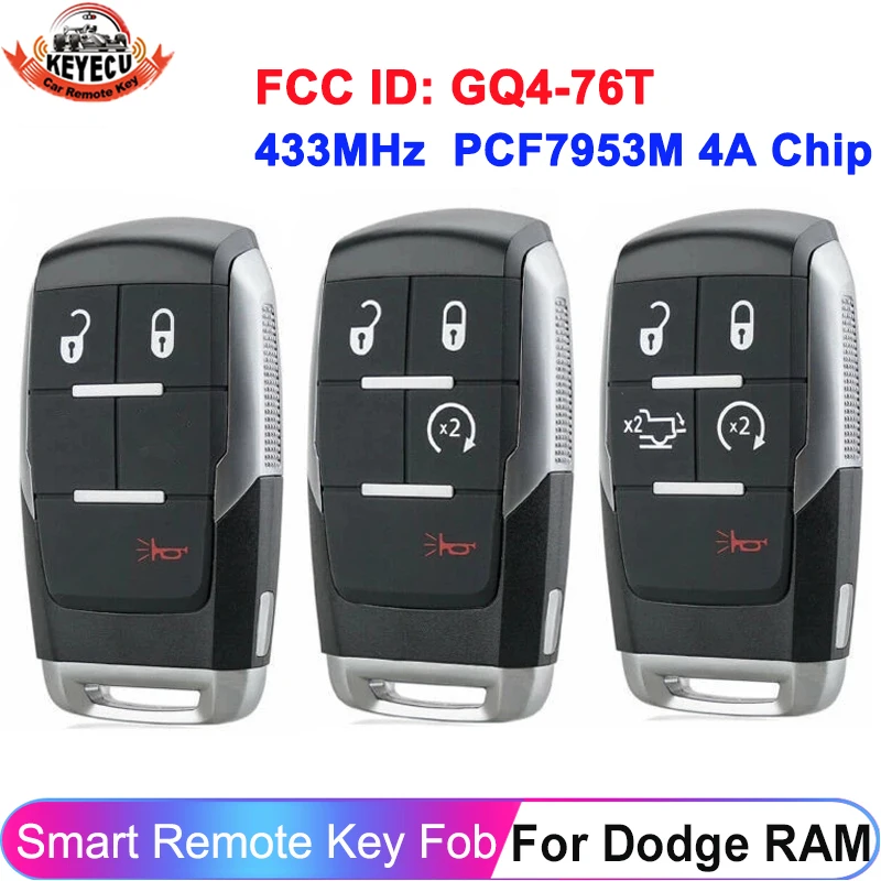 KEYECU 3/4/5 Buttons GQ4-76T For Dodge RAM Pickup HD 2500 3500 4500 5500 2019 2020 2021 433MHz 4A Chip Remote Key 68375456AB