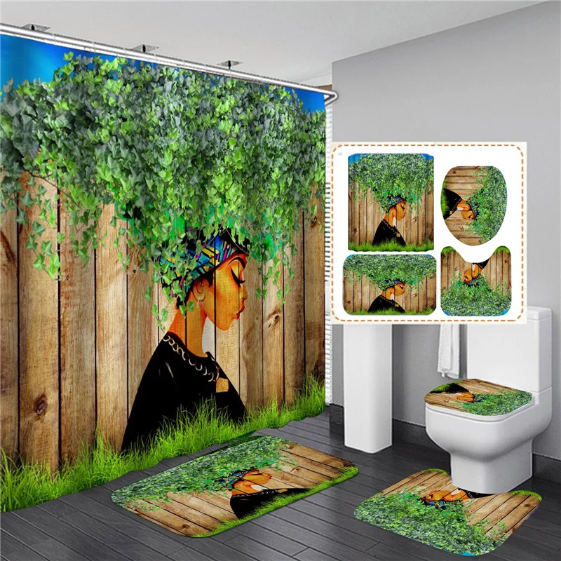 Elegant African Black Woman Print Shower Curtain Set American Girl Polyester Bathroom Curtains Anti-slip Bath Mats Carpets Rugs