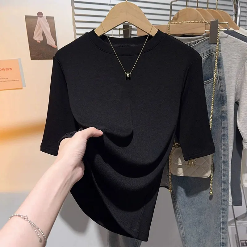 

Summer New Style Straight-Shoulder Mid-Sleeve T-Shirt For Women Round-Neck Slimming Five-Quarter Sleeve Base Layer Top Female