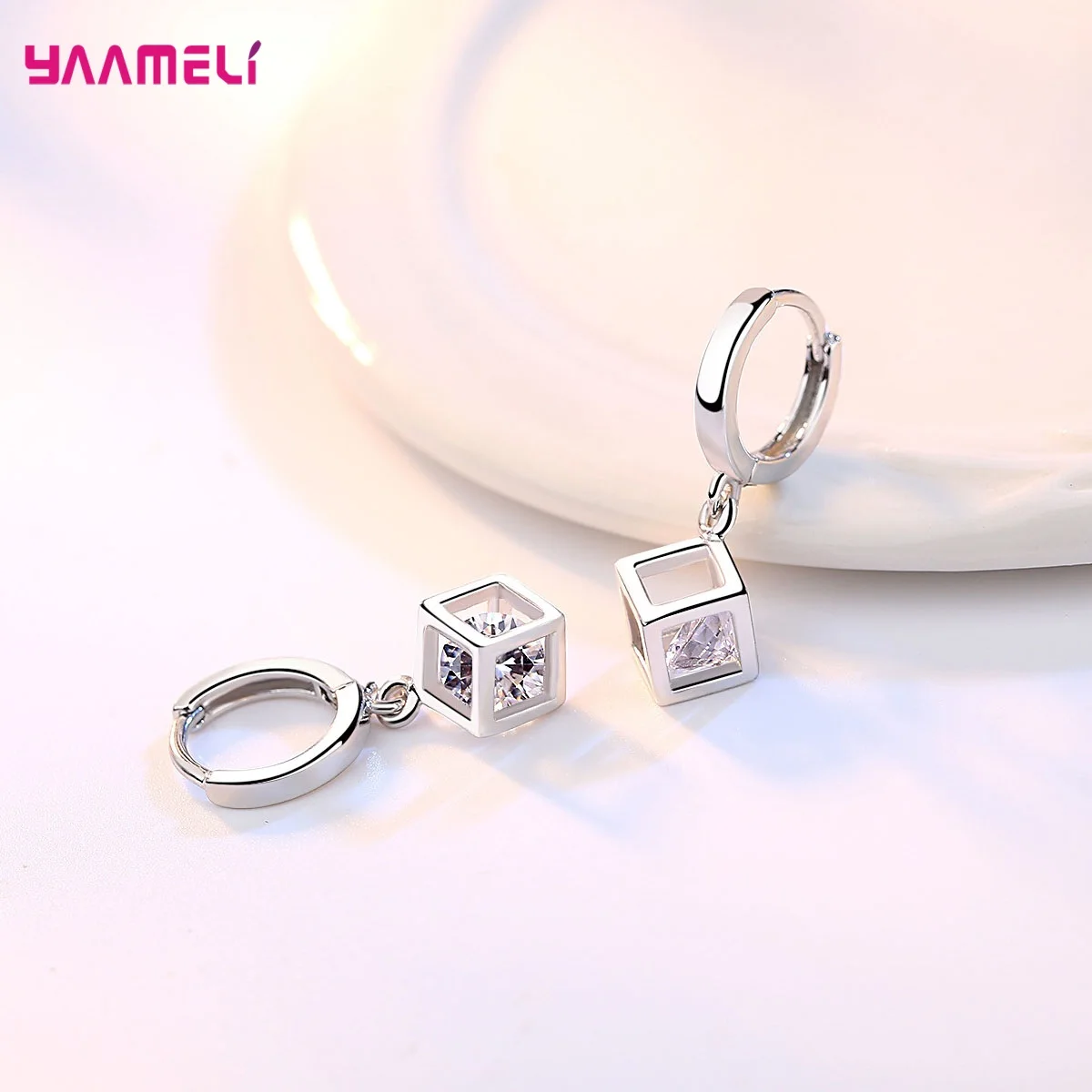 Top Sale 925 Sterling Silver Color Jewelry Gift Set Cube Cubic Zircon Necklace/Earrings/Bracelet/Ring for Wedding Engagement