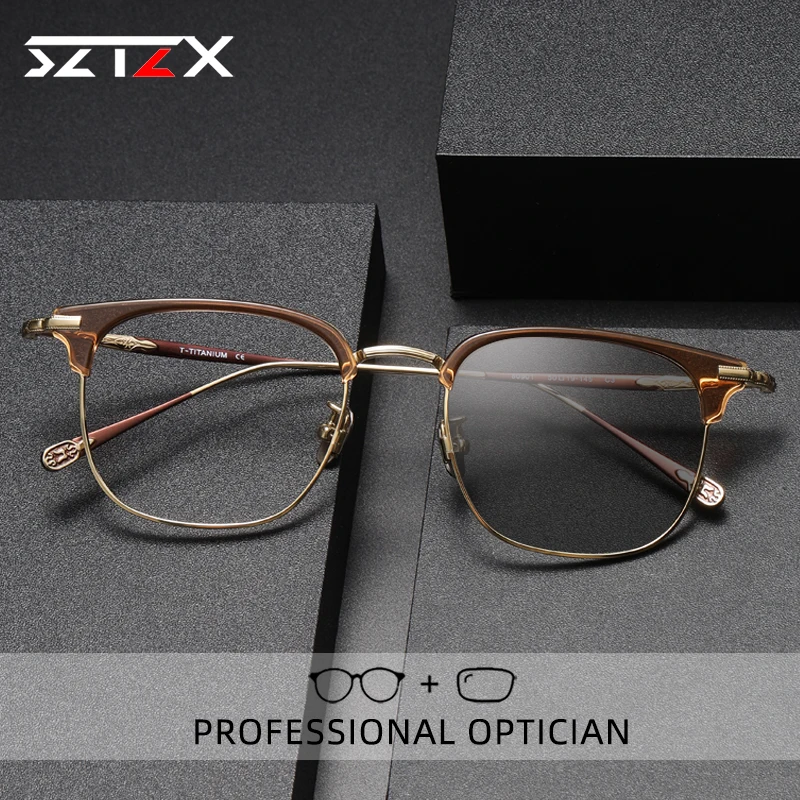 SZTZX Luxury Reading Glasses for Men Anti Blue Light Blocking Square Pure Titanium Photochromic myopia Prescription glasses80901