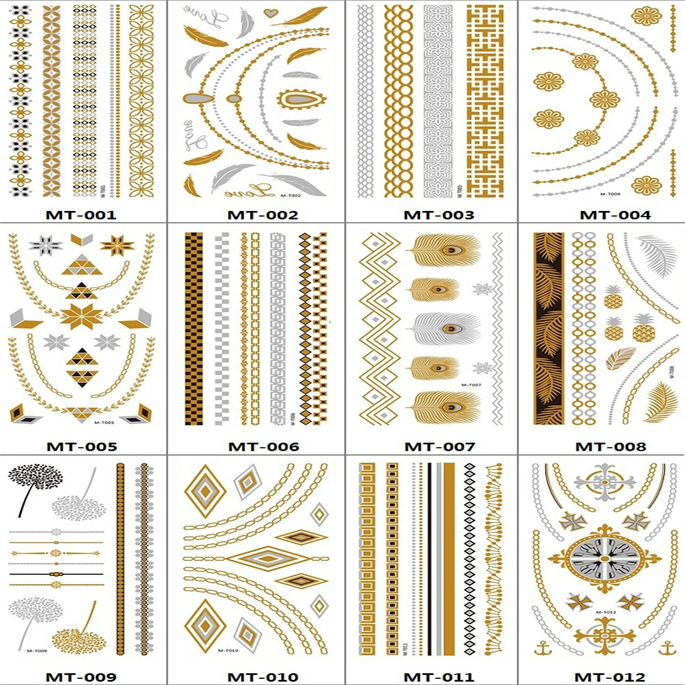 ملصق وشم مؤقت مقاوم للماء للرجال والنساء ، فن الجسم ، سوار سلسلة معدنية ذهبية ، مجوهرات وهمية ، نمط الصيف ، 1 قطعة