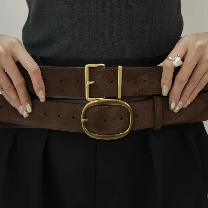 Vintage Suede Belt Fashion 4.5cm Wide Women Belts Retro Metal Buckle Wide Waistband Suede Leather Belt for Dress Coat&Jeans