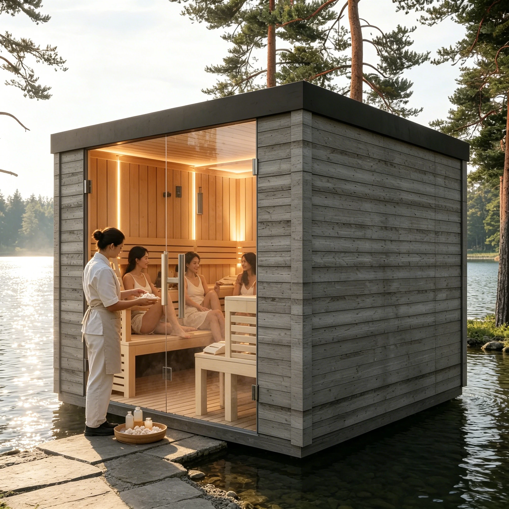 Backyard Cedar Sauna Barrel Cabin with Electric Heating Stones Outdoor Wellness Spa Room for Family Relaxation Use