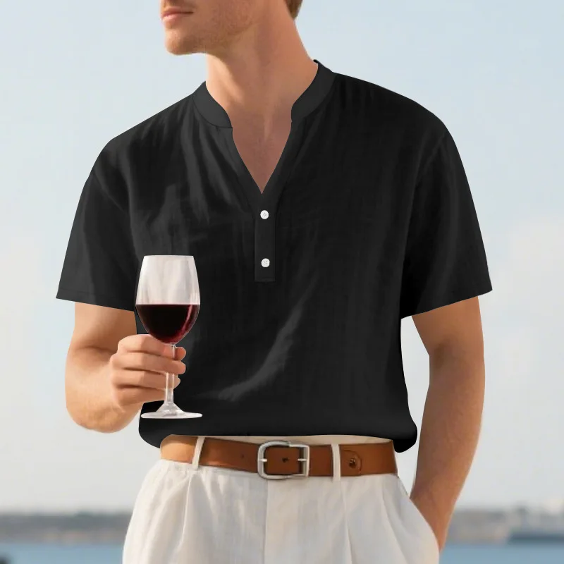 Solid Linen Short Sleeve Blouse for Men, Stand Collar Button Up Loose Casual Shirts New Arrival Daily Leisure Apparel