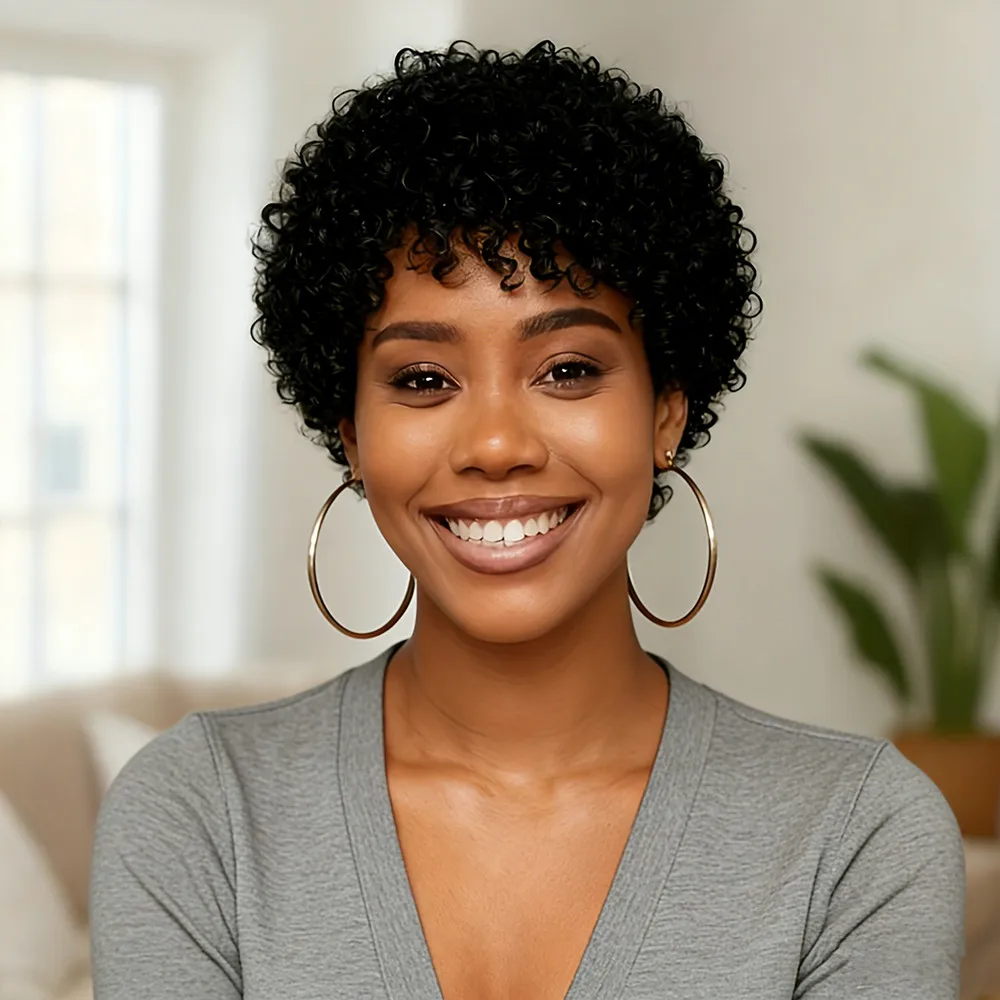 

6-дюймовый парик машинной работы, короткая стрижка пикси, кудрявые волосы из натурального человеческого волоса для женщин, натуральный черный цвет, плотность 150%.