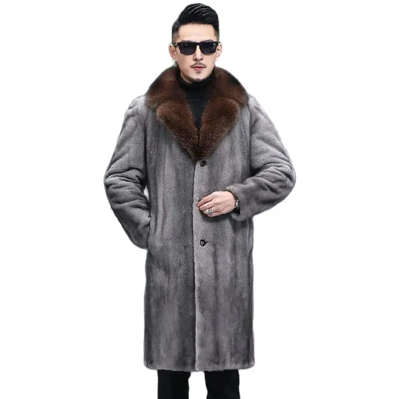 s-6XL Size 2024 Fashion Men Jacket Gray Windproof Imitation Mink Fur Outerwear Male Winter Coat Super Warm Casual Long Parkas