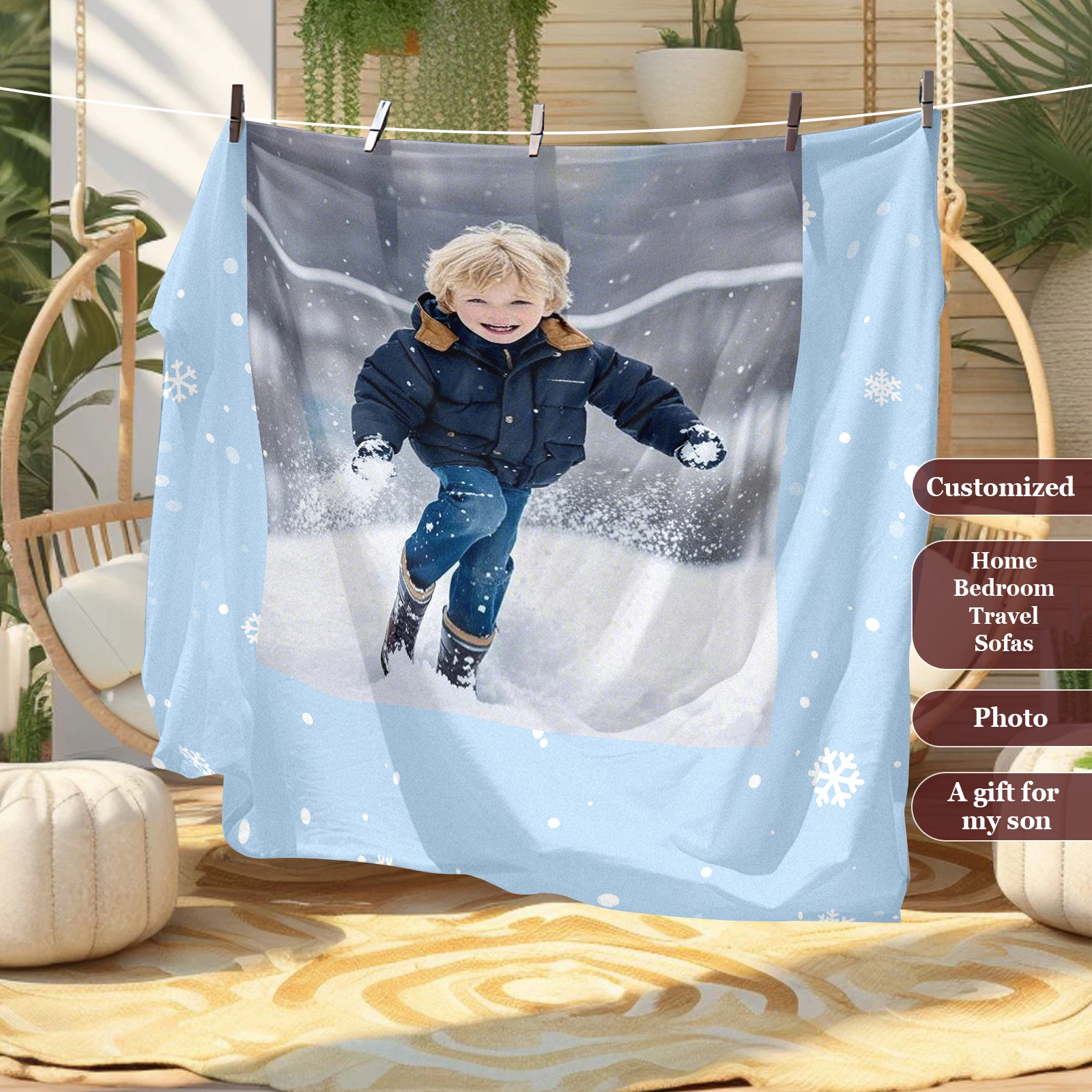 

Personalized Customized Blanket Son Snow Playing Snow Smile Creative Birthday Gift For Son Travel Couch Bedroom Available