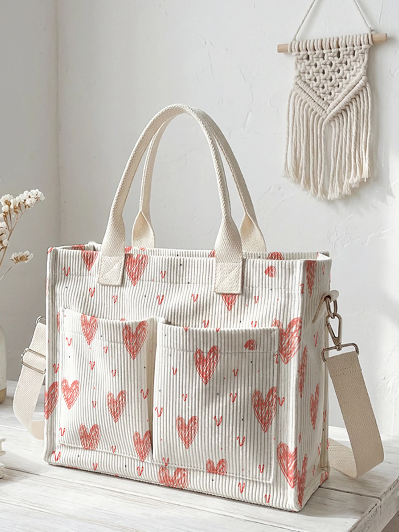 

Hand Drawn Red Heart Print Corduroy Tote Bag Large Capacity Multi Pocket Love Themed Commuter Shoulder Bag
