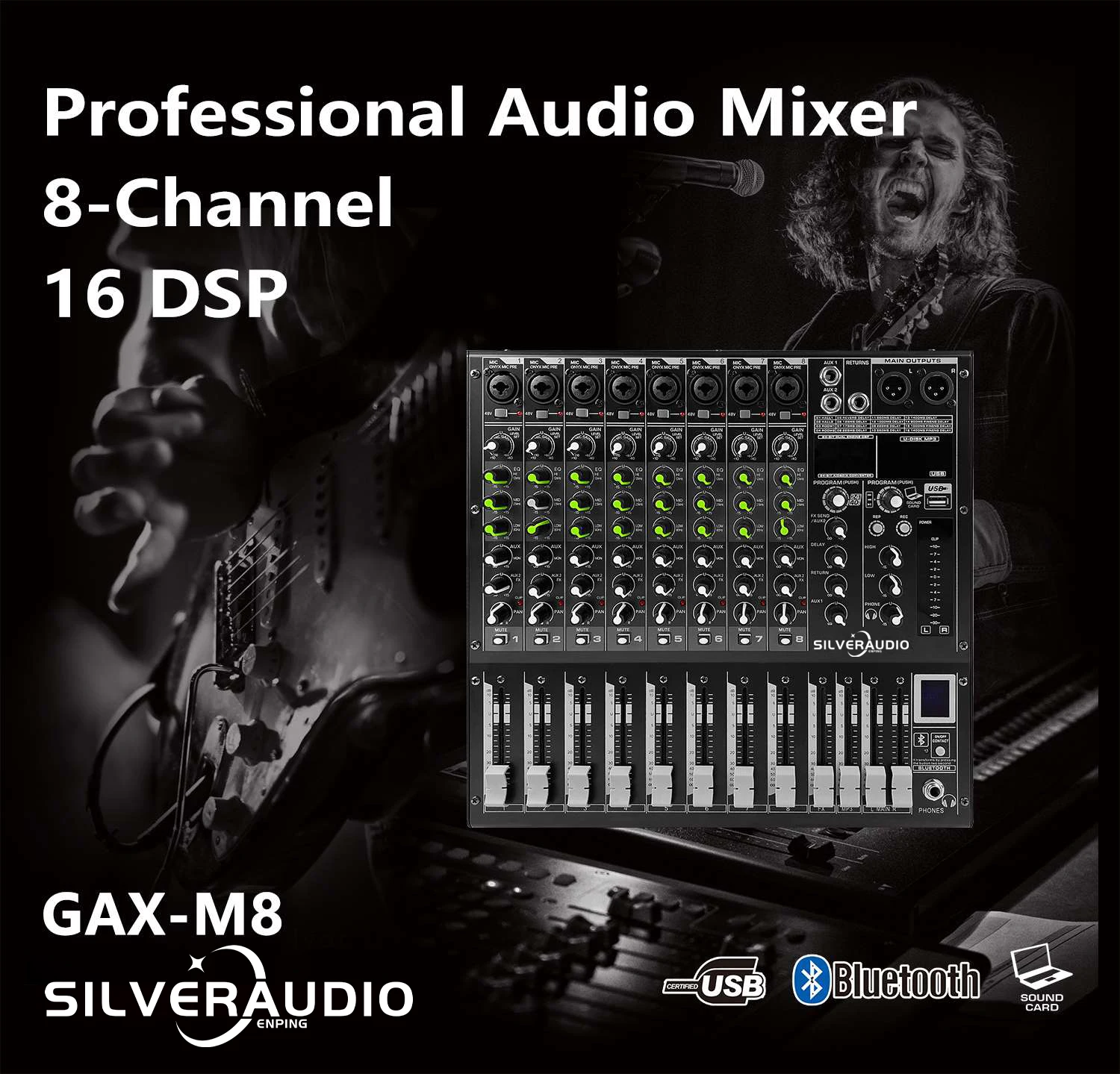 

GAX-M8 Pro 8-channel DJ audio mixer 16 DSP reverberation effect BT5.0 USB mixing console home KTV stage