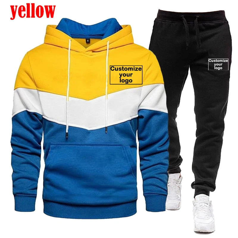 2024 Set sportivo da uomo personalizzato il tuo Logo felpa con cappuccio tricolore Set da 2 pezzi con felpa con cappuccio + pantaloni della tuta Set da Jogging