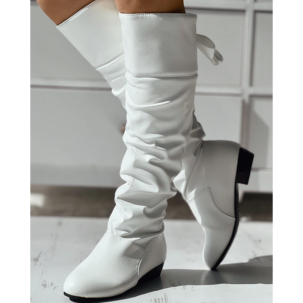 2024 Autumn Winter Women Bow Tied Detail Eyelet Pu Leather Chunky Boots Pointed Toe Midi Heel High Boots Korean Fashion