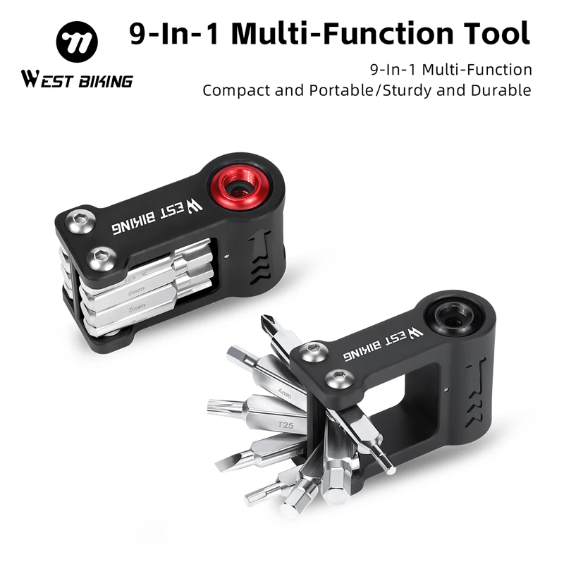 

Набор инструментов для ремонта велосипедов WEST BIKING 9-в-1: многофункциональный ключ, насадка для CO2, портативный набор шестигранников, комплект для велосипеда