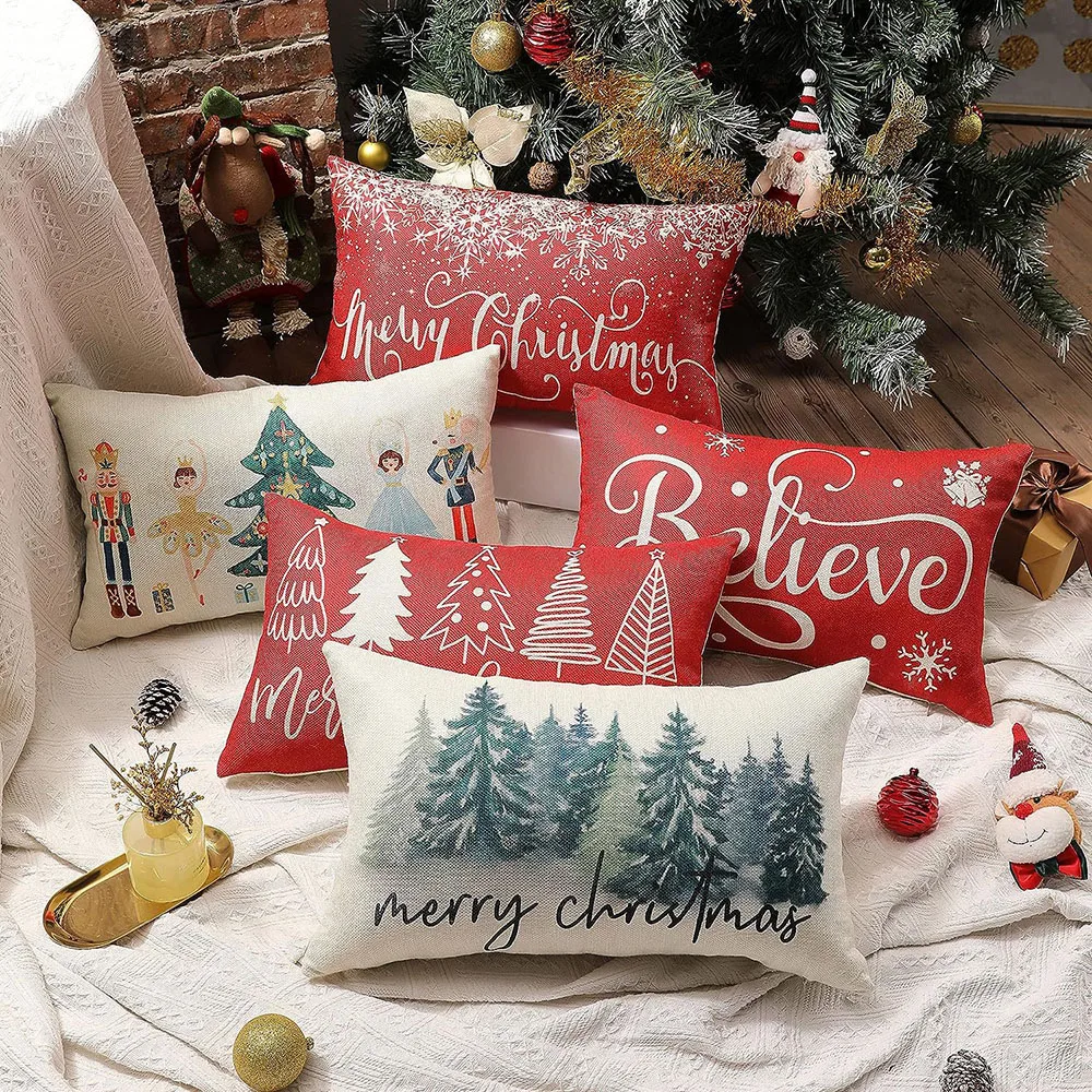 Funda de almohada decorativa de Feliz Navidad, cubierta de cojín de lino, decoración del hogar, sofá, 30x50cm