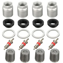 4 Sets Car Wheel Tire Pressure Sensor Rebuild with Aluminum Washer Nut Valve Cap Kits TPMS Repair Tool Accessories for Toyota