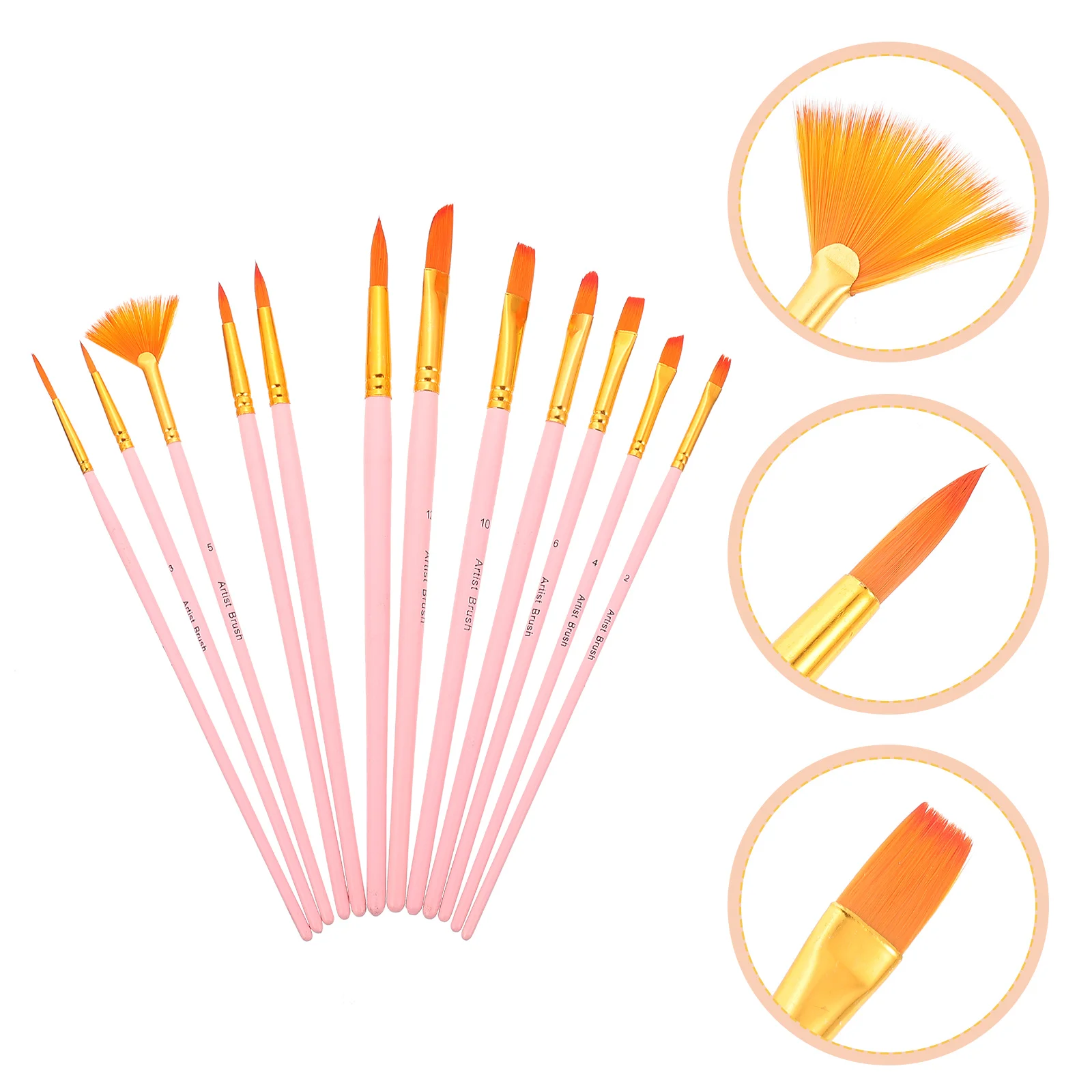 

12 Pcs Paint Brushes Set Acrylic Watercolor Nylon Hair Oil Painting Pink Students Professional Child Safe Practical Gift