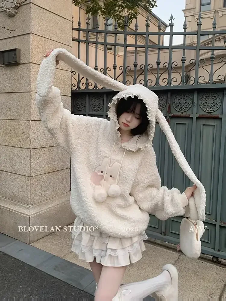 Deeptown Kawaii Tavşan Hoodies Kadınlar Tatlı Japon Cutecore Kuzu Yünü Kazaklar Sıcak Kış Polar Tişörtü Gevşek Yumuşak Kız