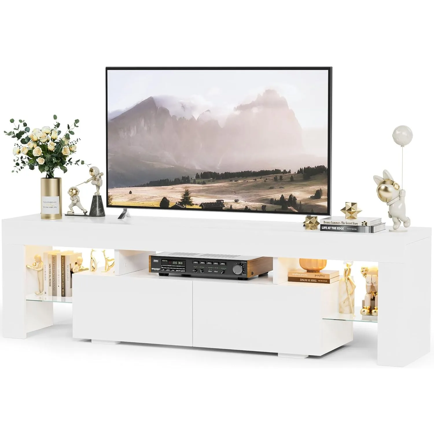 Moderner LED-TV-Ständer für Fernseher bis zu 70 Zoll/Glas regale & Schublade mit mehreren dynamischen RGB-Modi, 60 Zoll, weiß