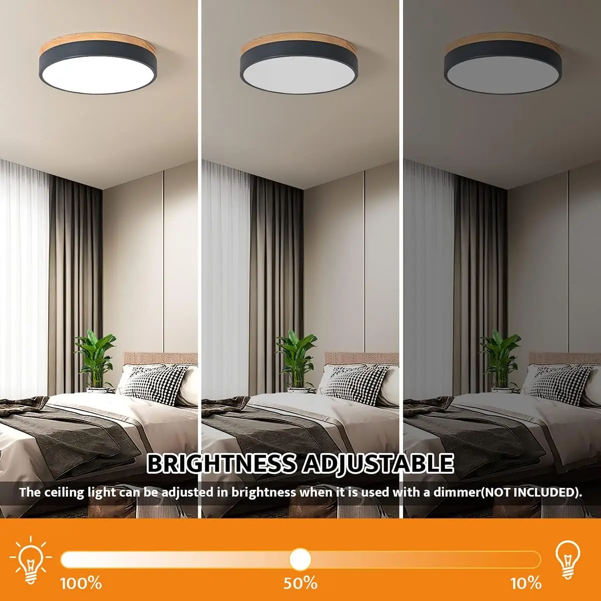 Dimmable Wood Led Flush Mount Ceiling Light, 5Cct 2700K-6000K Modern Round Close To Ceiling Lighting Fixtures, Minimalist Grey