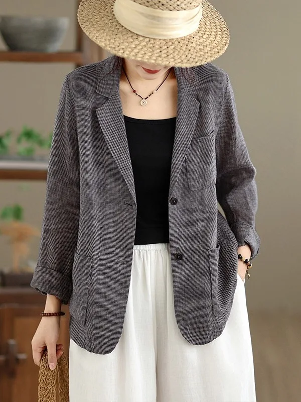 

Retro Plaid Suit Jacket Loose Casual Women's plus Size Summer New Style Sun Protection Top Button Style Cotton Blend