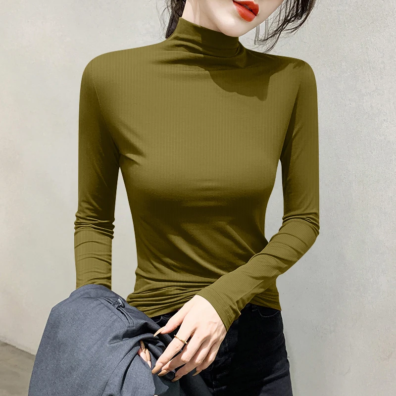 

Женская футболка Slim Fit Long Sve f с высоким воротником Base irt, осенний топ с текстурой Tead Sli Commute Sle Pure Color