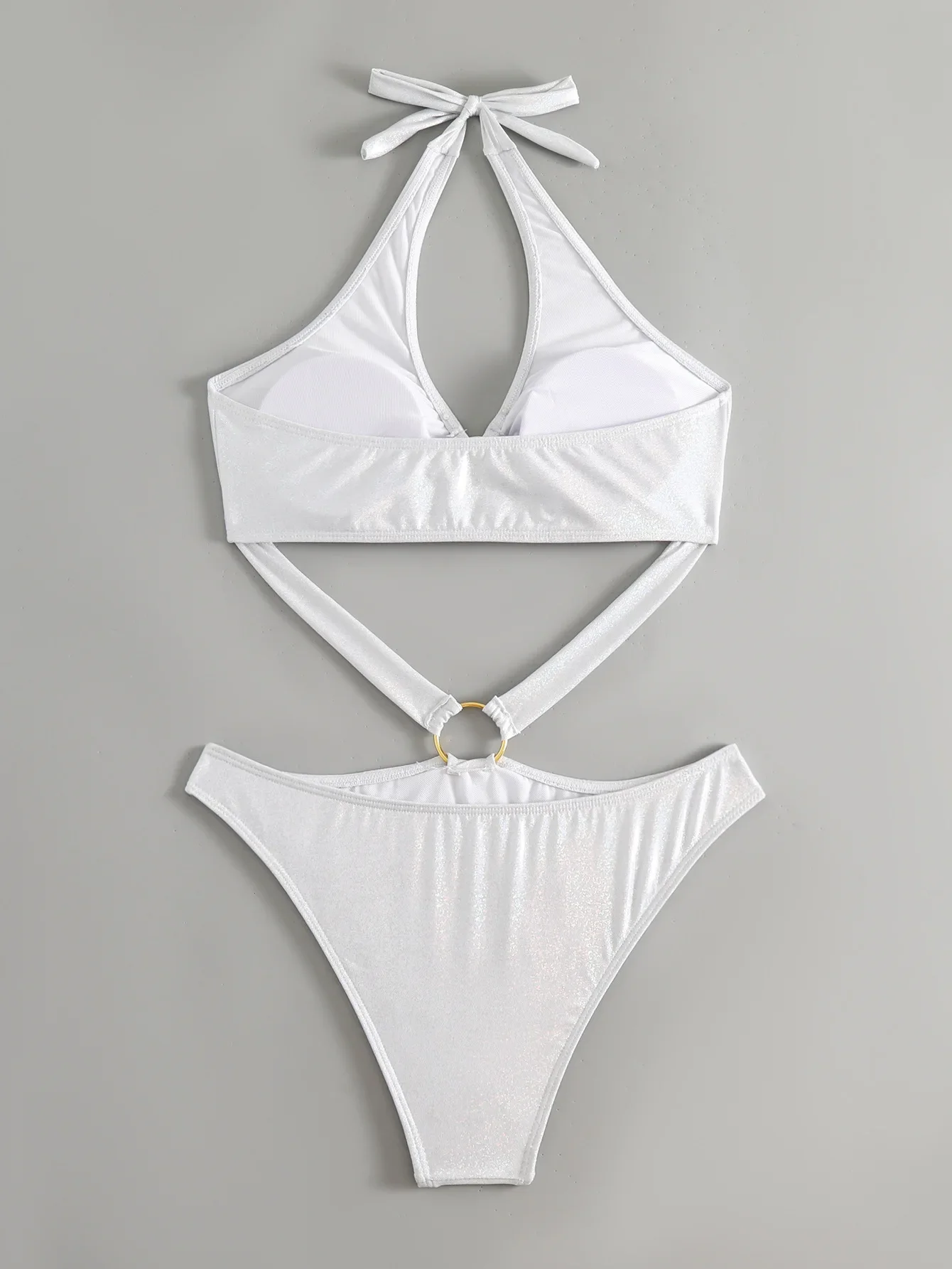 2025 Costume da bagno intero lucido tinta unita da donna bianco a vita alta con anello scavato bikini sexy costumi da bagno estivi da spiaggia Nuovo