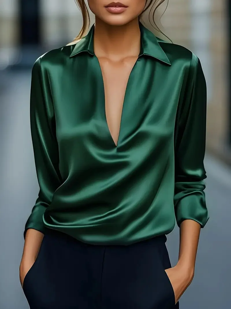 Damesblouse met V-hals voor herfst 2025, elegant effen overhemd met lange mouwen, minimalistische tops voor kantoorkleding
