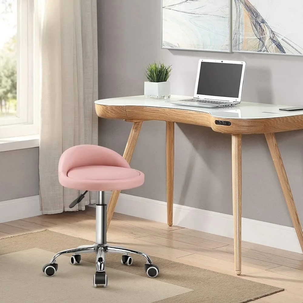 Adjustable Swivel Rolling Stool with Backrest, PU Leather Seat, 360-Degree Rotation, Pink - Ideal for Work and Salon