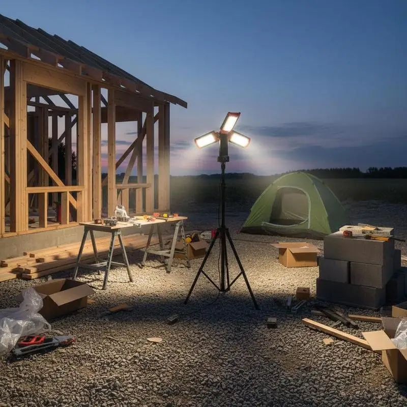 LED construction light with tripod, 10 Ah work light, rechargeable camping light, with 3 lamp heads, detachable tripod stand, 2200 LM 3000 K-6500 K dimmable, lighting for construction sites
