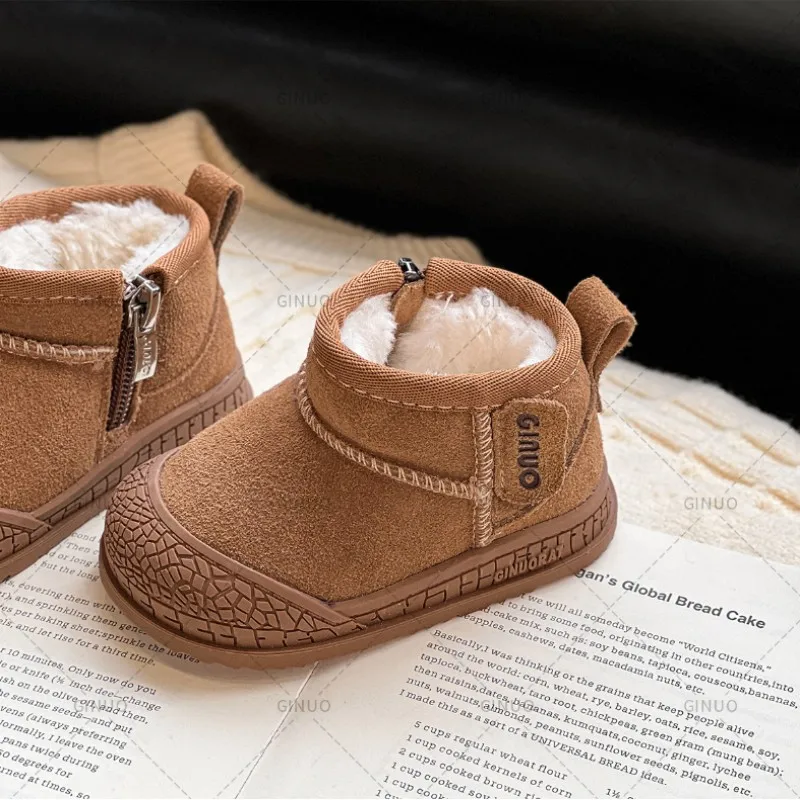 2024 New Winter Baby Snow Boots Leather Warm Plush Infant Shoes Zip Side Soft Sole Fashion Toddler Boys Girls Boots 15-30