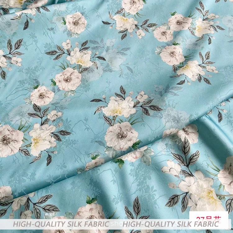 Sommer 19momme bedrucktes Stretch-Jacquard-Satin-Stoff, weiches und glatt drapiertes Cheongsam-Kleid aus Seide