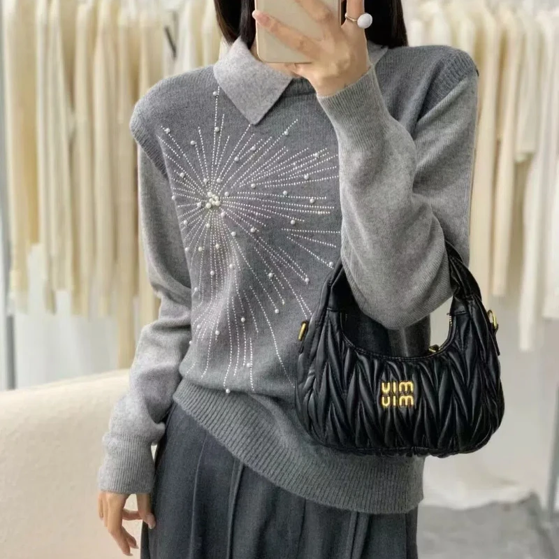 Spring Autumn Doll Collar Long Sleeve Fashion Sweater Women High Street Fake Two Pieces Embroidered Flares All-match Pullovers