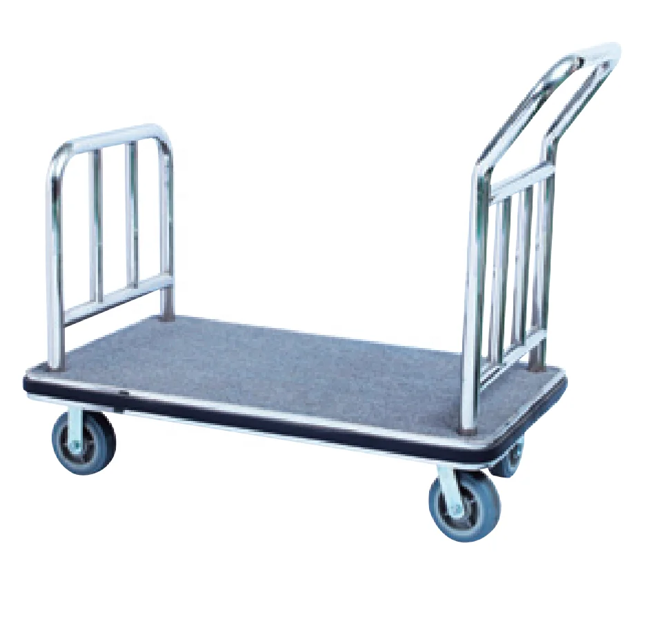 C018 Stainless Steel Hotel Platform Lobby Luggage Bellman Trolley Cart Golden Baggage Hand Trolley Cart with Red Carpet