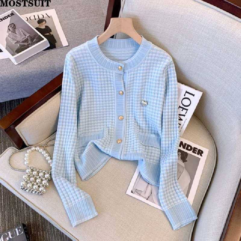 

Blue Elegant Knitted Sweater Cardigan Women 2025 Winter Long Sleeve O-neck Knitwear Jumpers Stylish Chic Fashion Ladies Tops
