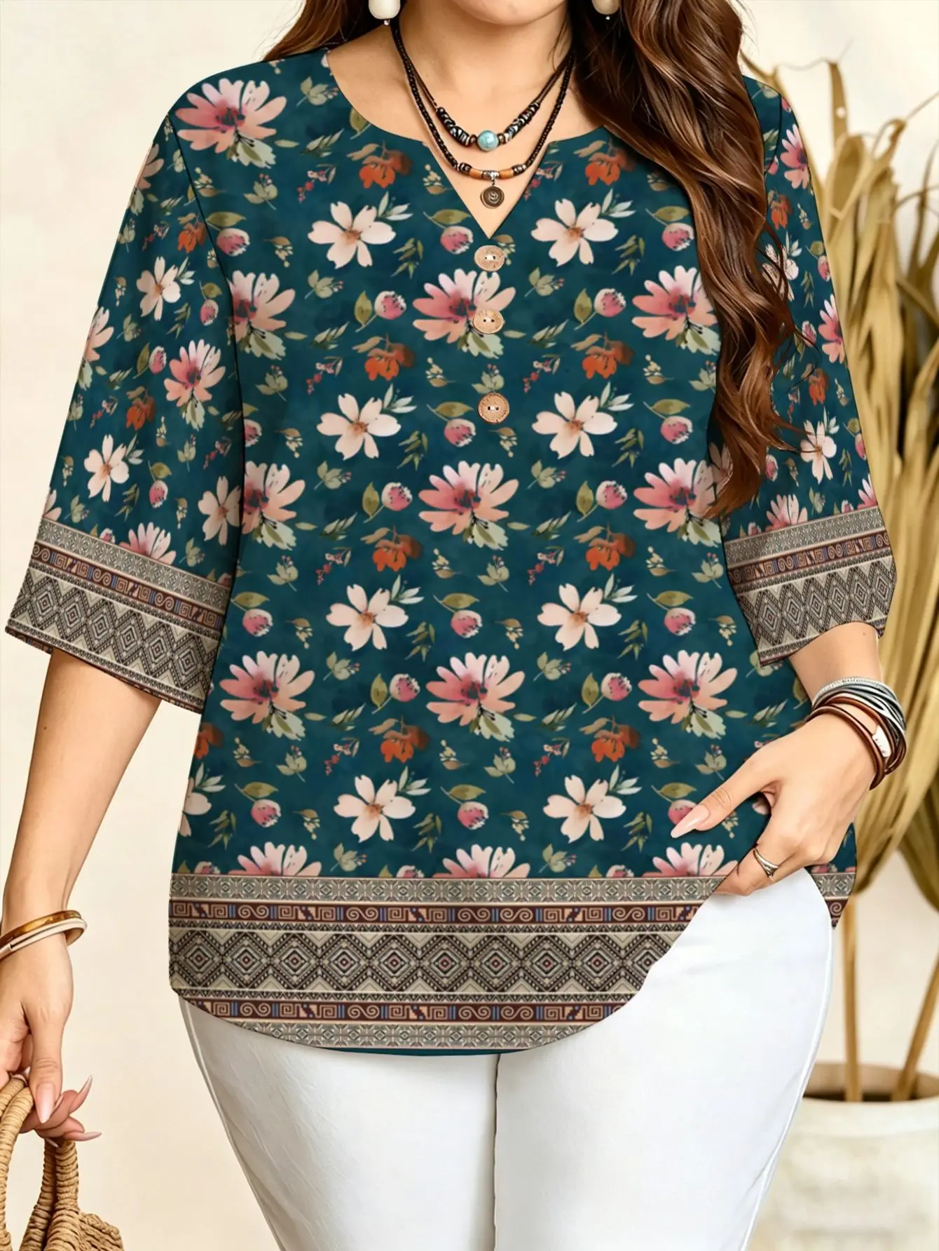 Women Ethnic Border Baroque Mandala Floral Print Blouse For Curvy Figures Notched Neck 3/4 Sleeve Loose Boho Tops